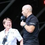 Andrea Coleman and Randy Mamola having a laugh on stage