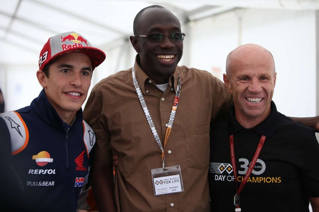 Randy Mamola and Marc Marquez with Ken Diko - Riders for Health the Gambia.